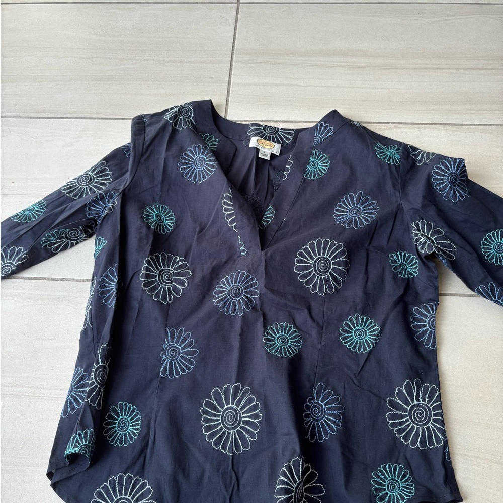 Talbots Dark Blue Blouse with Floral Pattern